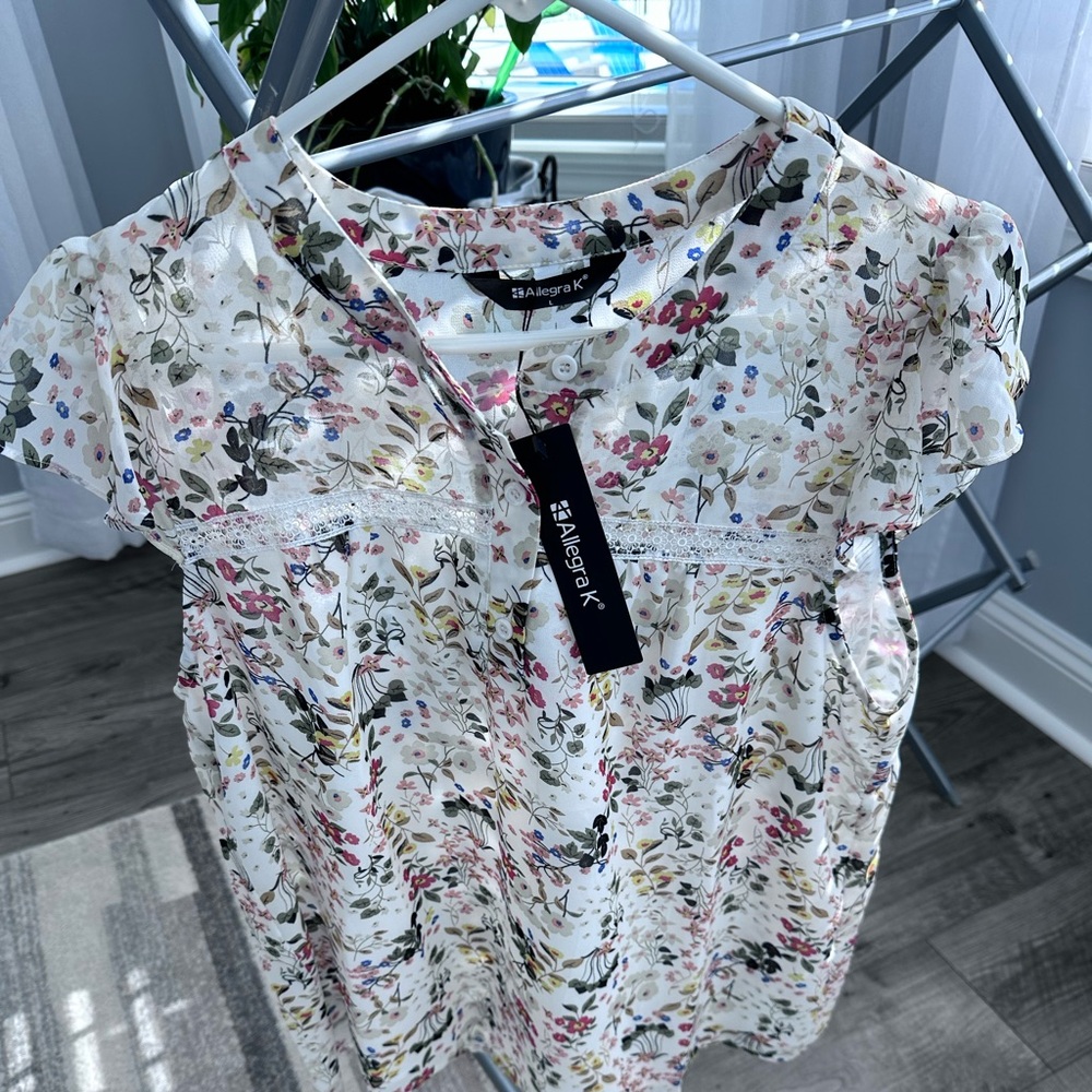 Allegra K with Chiffon Ruffle Sleeve Floral Blouse.